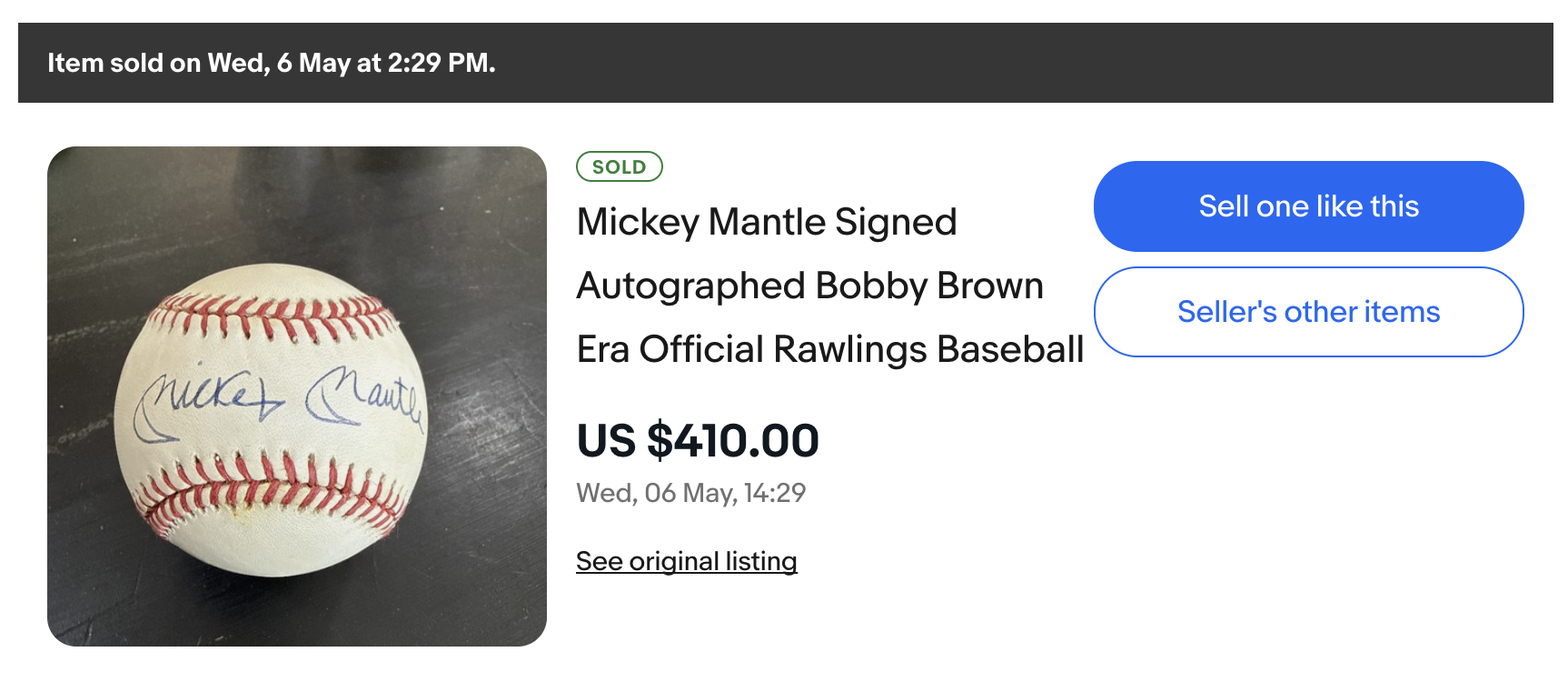 eBay listing showing a Mickey Mantle signed baseball sold for USD $410.